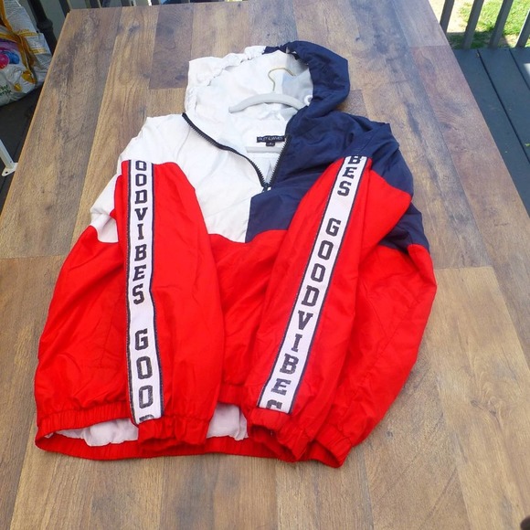 Riley & James Hoodie M Red White Blue Windbreaker "Good Vibes" 1/2 Zip - Picture 7 of 8